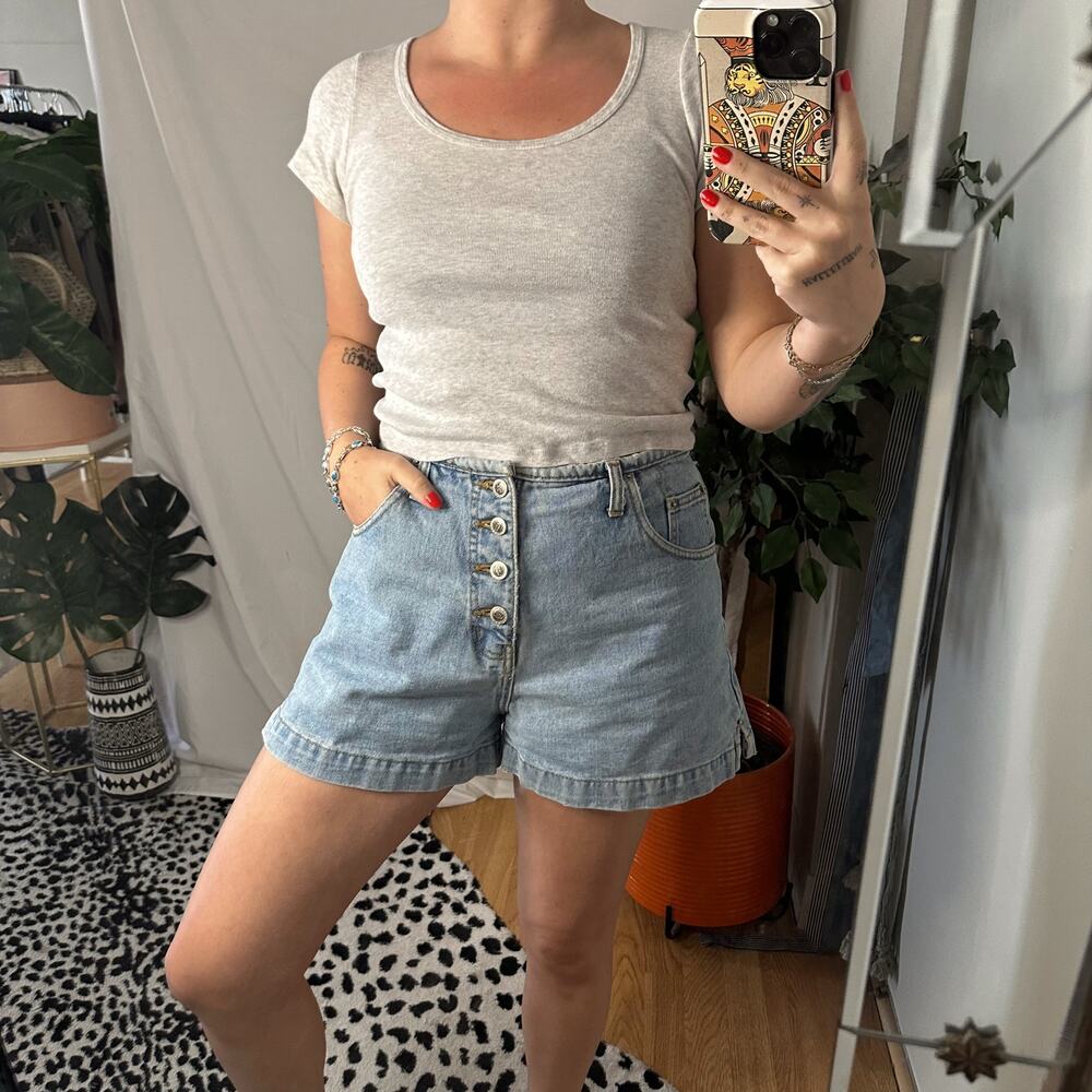 Vintage Route 66 Cotton Button Fly High Waist Denim Shorts Blue Size 13/14